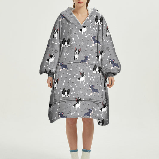 Hello Winter - Boston Terrier Fleece Blanket Hoodie V2
