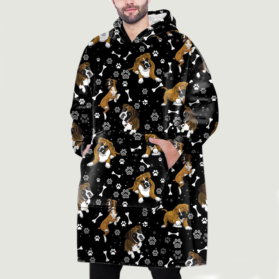 Hello Winter - Boxer Dog Fleece Blanket Hoodie V1