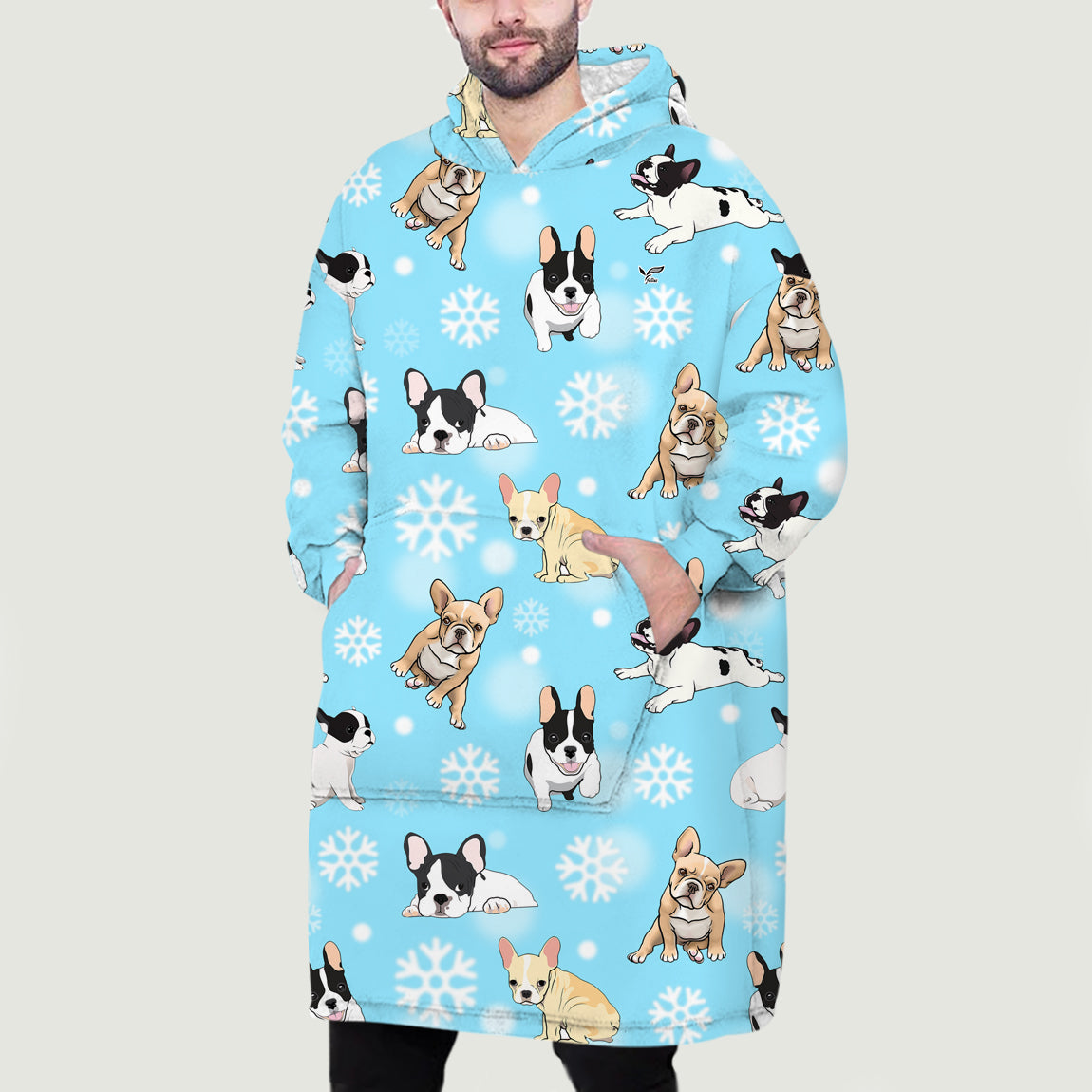 Ich liebe Schnee – Fleece-Decke-Hoodie mit französischer Bulldogge