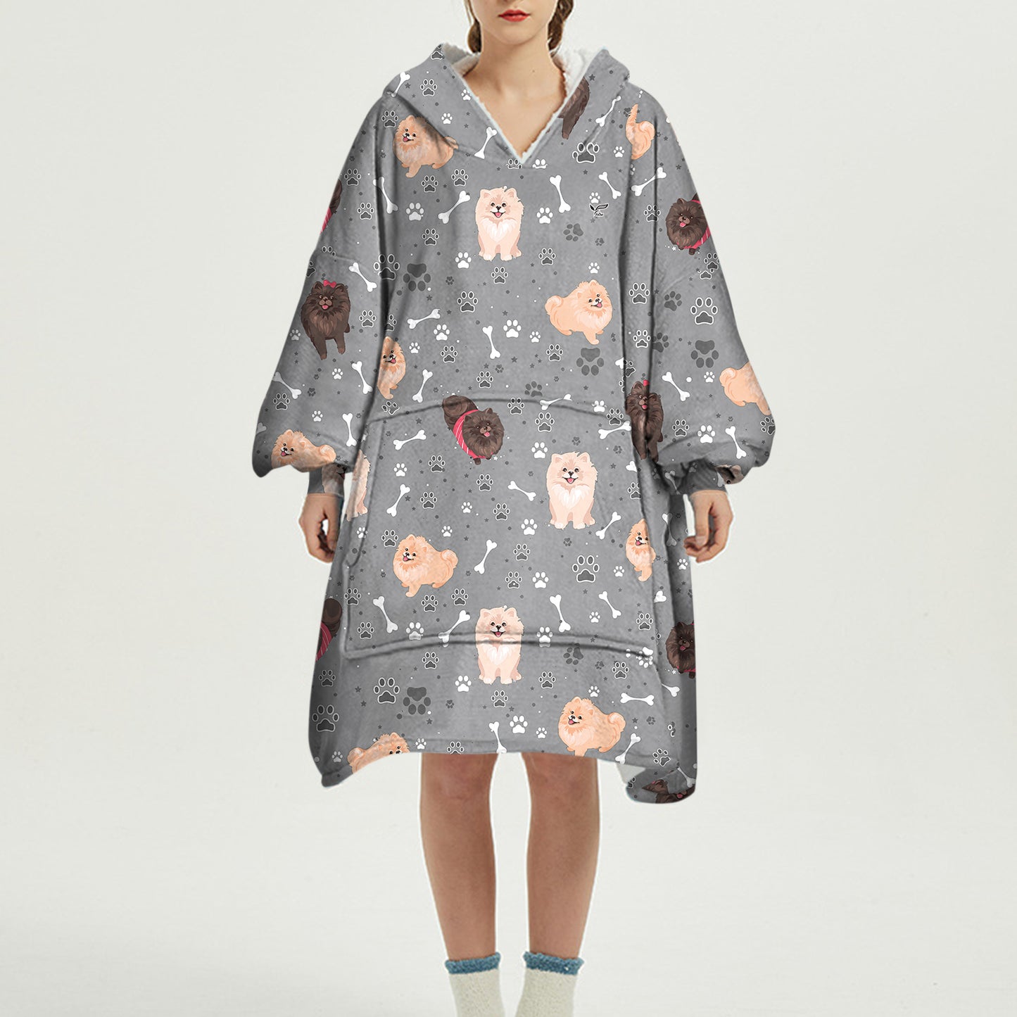 Hello Winter - Pomeranian Fleece Blanket Hoodie V1