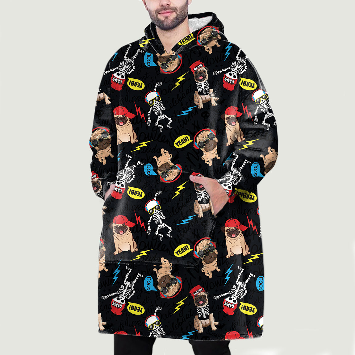 Hello Winter - Pug Fleece Blanket Hoodie V1