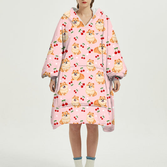 I Love Cherries - Pomeranian Fleece Blanket Hoodie