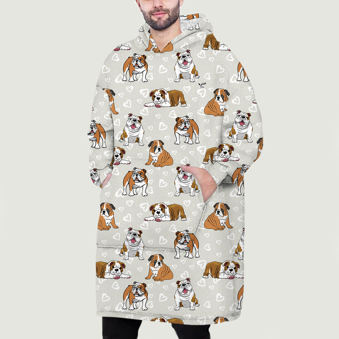 I Love Hearts - English Bulldog Fleece Blanket Hoodie