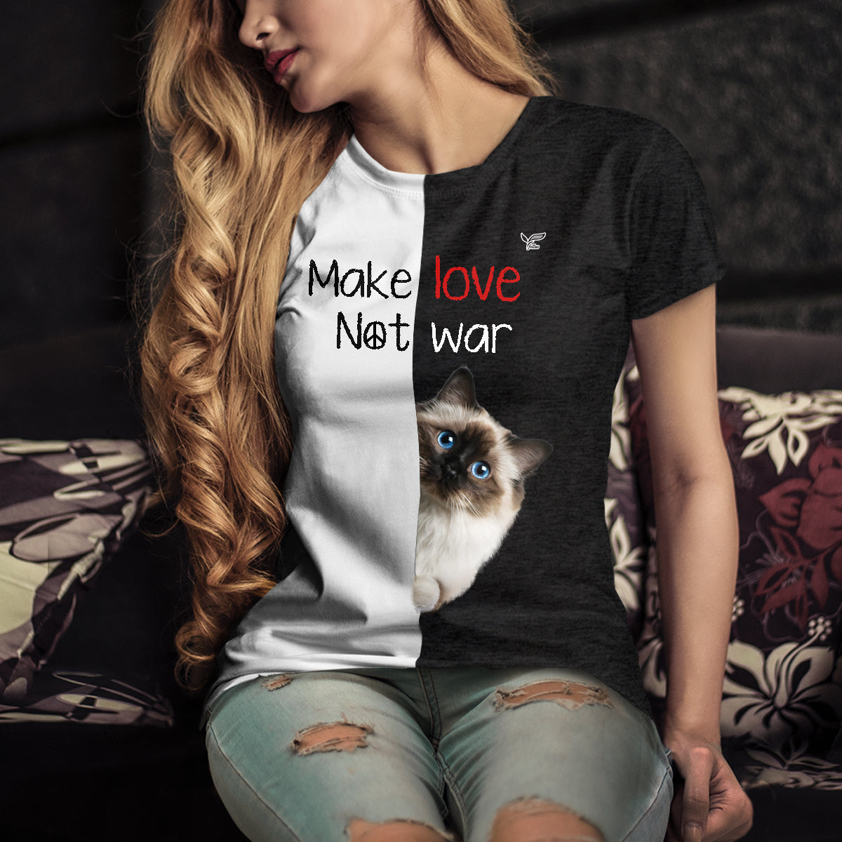 Faites l'amour, pas la guerre - T-shirt chat de Birmanie V1
