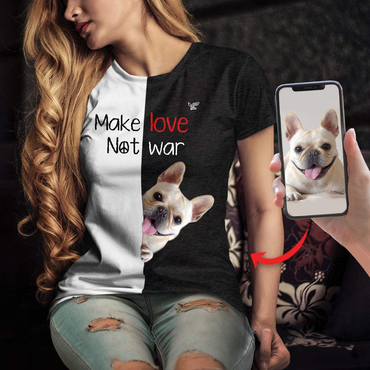 Make Love Not War – Personalisiertes T-Shirt mit dem Foto Ihres Haustieres V2