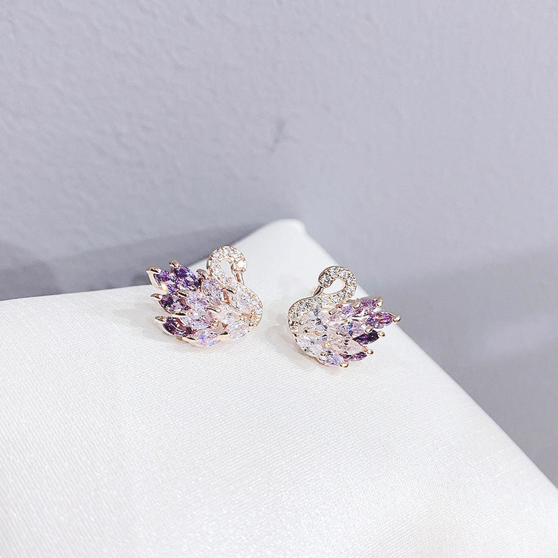 Ensemble de bijoux de luxe en forme de cygne violet en argent sterling 925 pour dames - Plaqué or rose 002