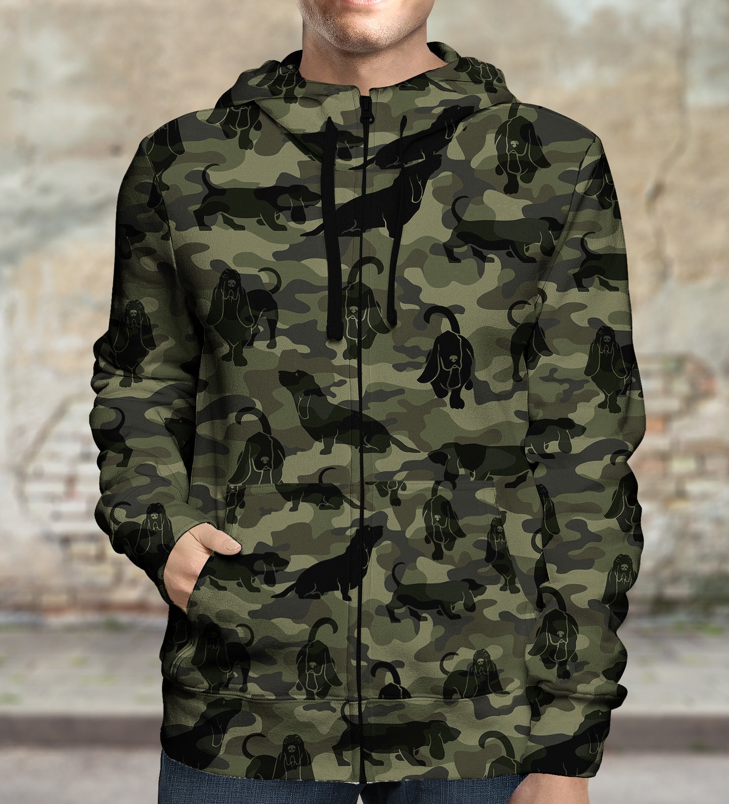 Style de rue avec sweat à capuche camouflage Basset Hound V1