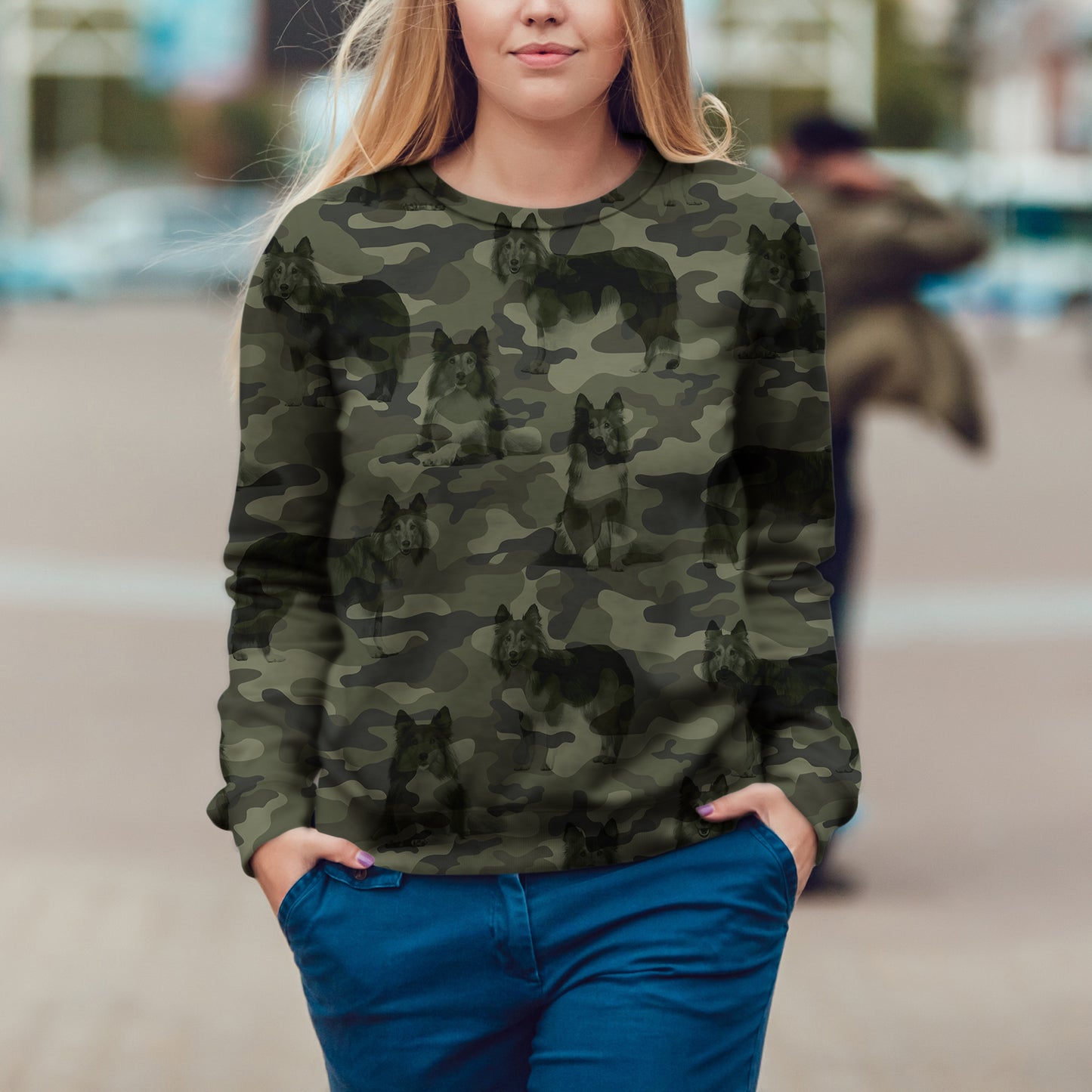 Street Style mit Shetland Sheepdog Camo Sweatshirt V1