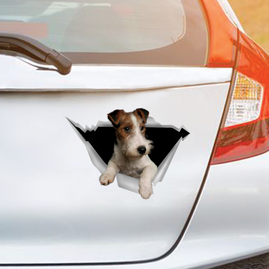 Nous aimons rouler dans les voitures - Wire Fox Terrier Autocollant de voiture/porte/réfrigérateur/ordinateur portable V1