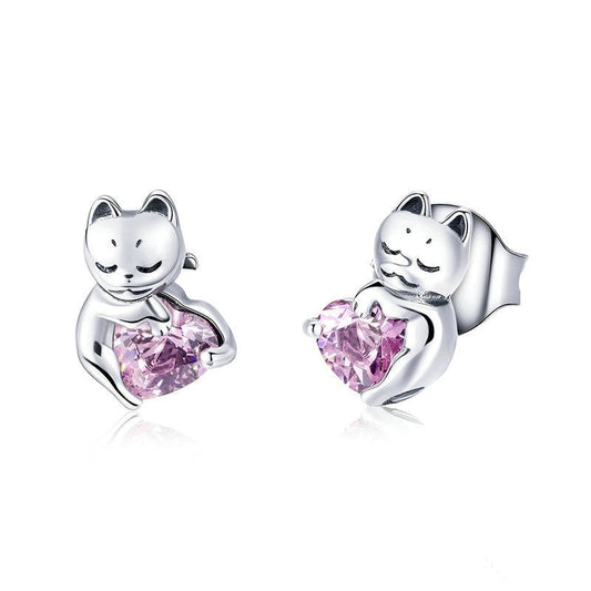 BM 925 Sterling Silver Earrings Cat Holding Pink Crystal Heart