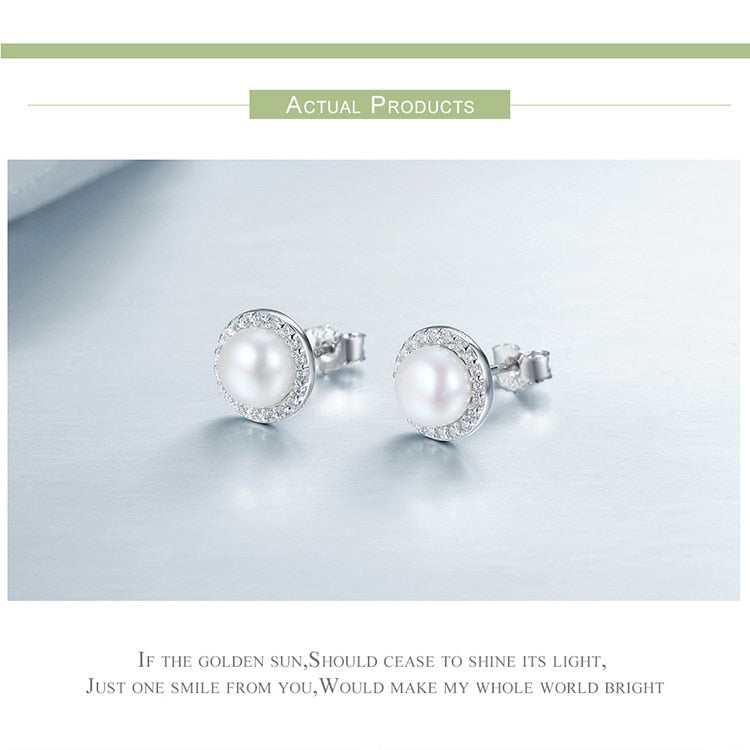 BM 925 Sterling Silver Classic Round Sparkling Pearl Stud Earrings