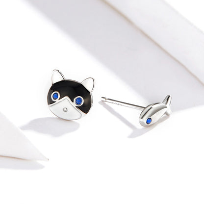 BM Cat And Fish 925 Sterling Silver Stud Earrings