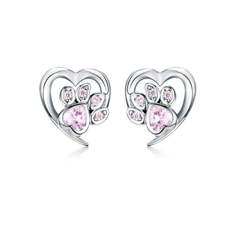 Boucles d'oreilles à tige en argent sterling 925 en forme de cœur et patte mignonne BM