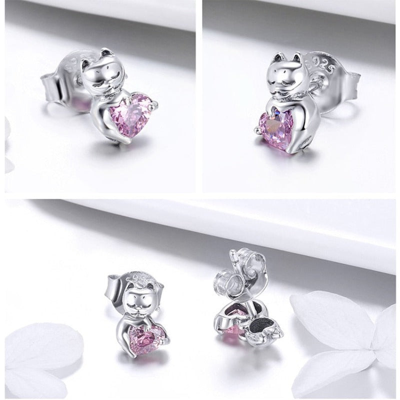 BM 925 Sterling Silver Earrings Cat Holding Pink Crystal Heart