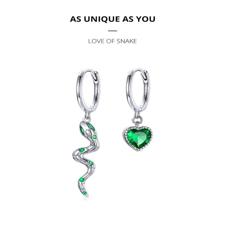 Boucles d'oreilles BM serpent et coeur vert en argent sterling 925 