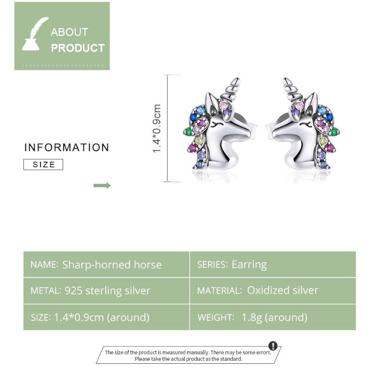 BM Rainbow Zircon Unicorn Earrings 925 Sterling Silver