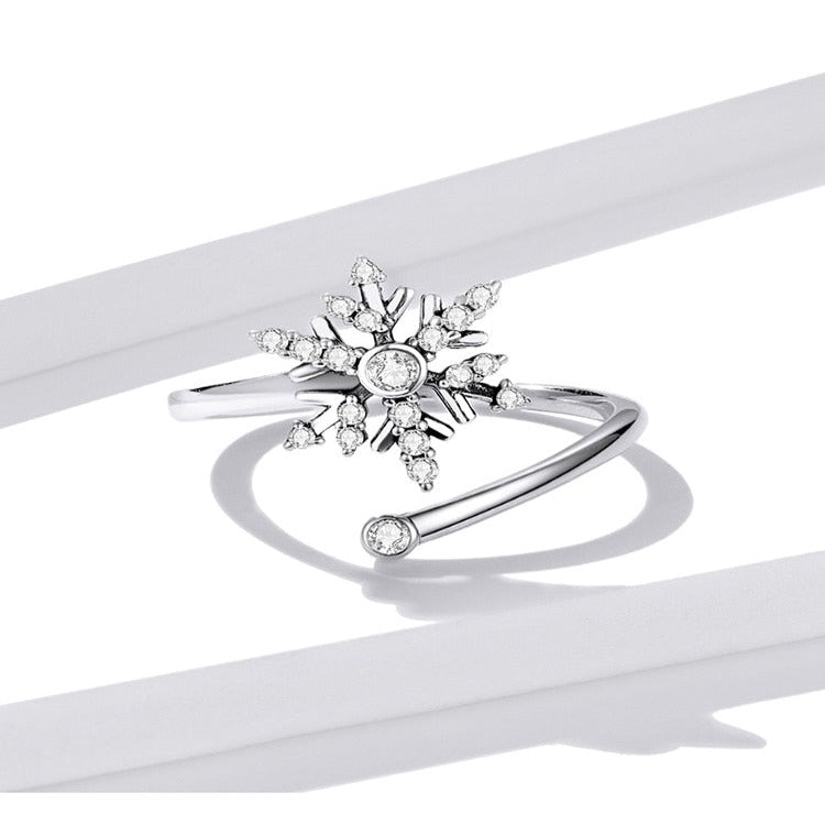 BM Offene Ringe aus 925er-Sterlingsilber mit Schneeflocken und weißem Kristall