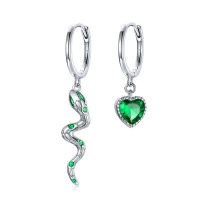 BM Schlangen- und grüne Herz-Ohrringe aus 925er Sterlingsilber 